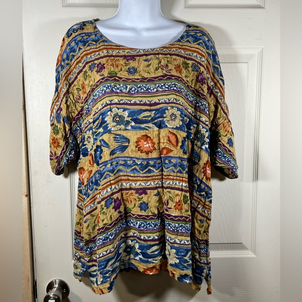 Jane Ashley Boho Floral Striped Blouse - Blue, Gold, Purple